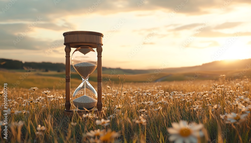 Poster serene field background with an hourglass, embodying slow life and featuring ample copy space for cu