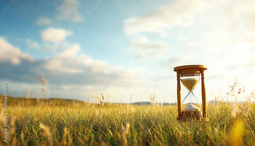 Aufkleber Serene field background with an hourglass, embodying slow life and featuring ample copy space for custom text