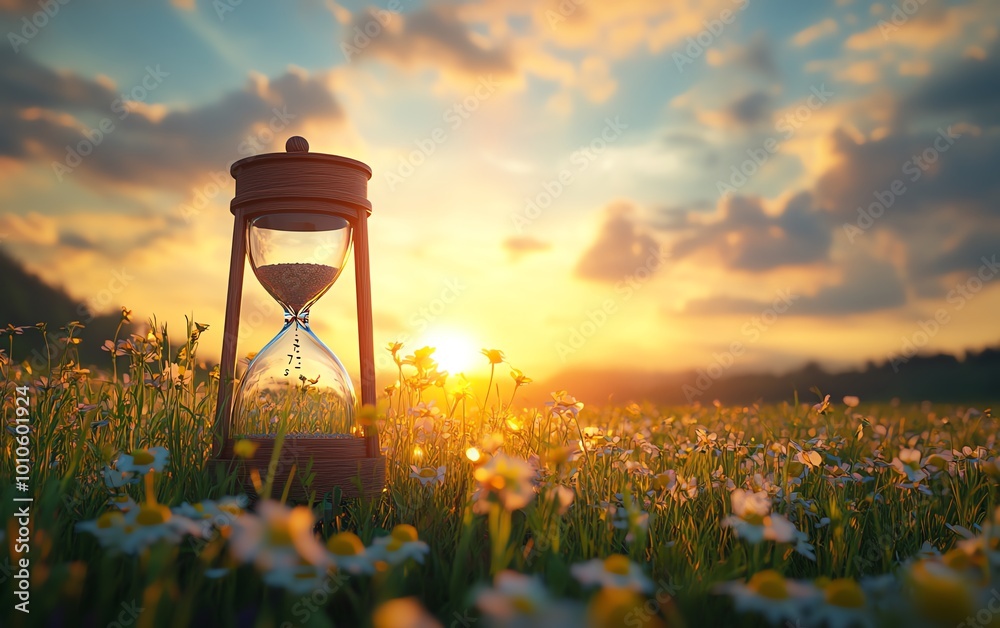 Aufkleber slow life background with an hourglass and serene field, providing a large copy area for thoughtful 