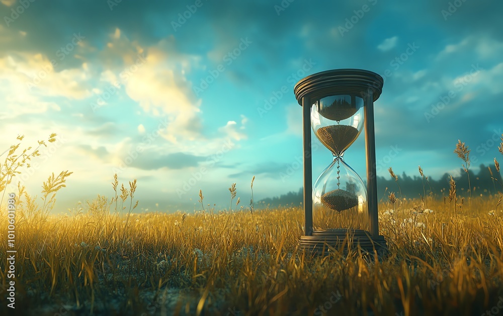 Poster slow life background with an hourglass and serene field, providing a large copy area for thoughtful 