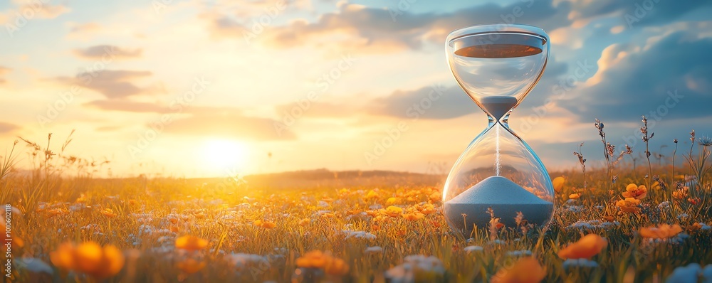 Poster slow life concept with an hourglass and a tranquil field background, including significant copy spac