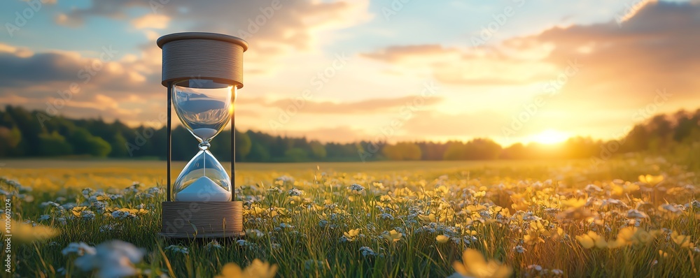 Poster slow life concept with an hourglass and a tranquil field background, including significant copy spac