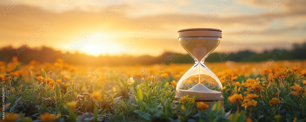 Poster slow life concept with an hourglass and a tranquil field background, including significant copy spac