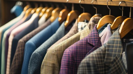Obraz premium Row of Plaid and Patterned Jackets Hanging on Wooden Hangers