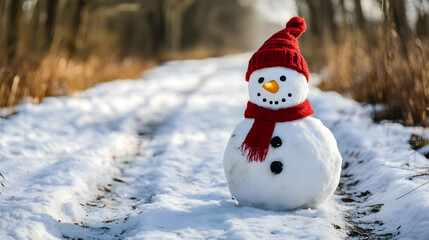 Fototapeta premium Snowman in a Red Hat and Scarf on a Snowy Path