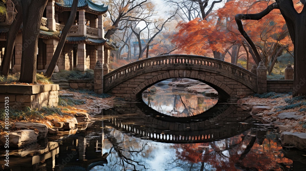 Sticker Stone arch bridge spanning serene water, with a traditional building in the background and vibrant foliage reflected in the water's surface.