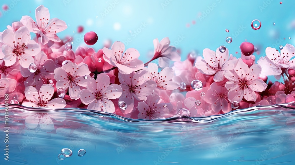 Sticker A vibrant display of delicate pink blossoms floating on a shimmering blue water surface, creating a breathtaking contrast of colors and textures.