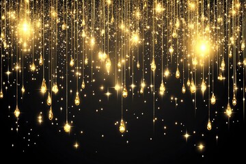 Gold glitter and shiny golden rain on black background. Vector horizontal luxury background. with generative ai