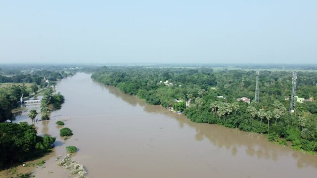 Ariel view shot of West Bengal flood by river Damodar and Mundeshwari in rainy season.