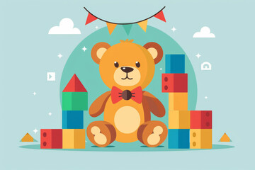 Fototapeta premium A teddy bear is sitting on a pile of blocks