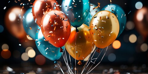 A cluster of vibrant balloons, adorned with confetti, floats against a backdrop of shimmering lights, creating a joyous atmosphere of celebration.