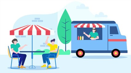 a food truck serving drinks and snacks to two customers seated at a cafe table outdoors illustration animated video