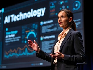 Businesswoman Presenting AI Technology in a Professional Setting