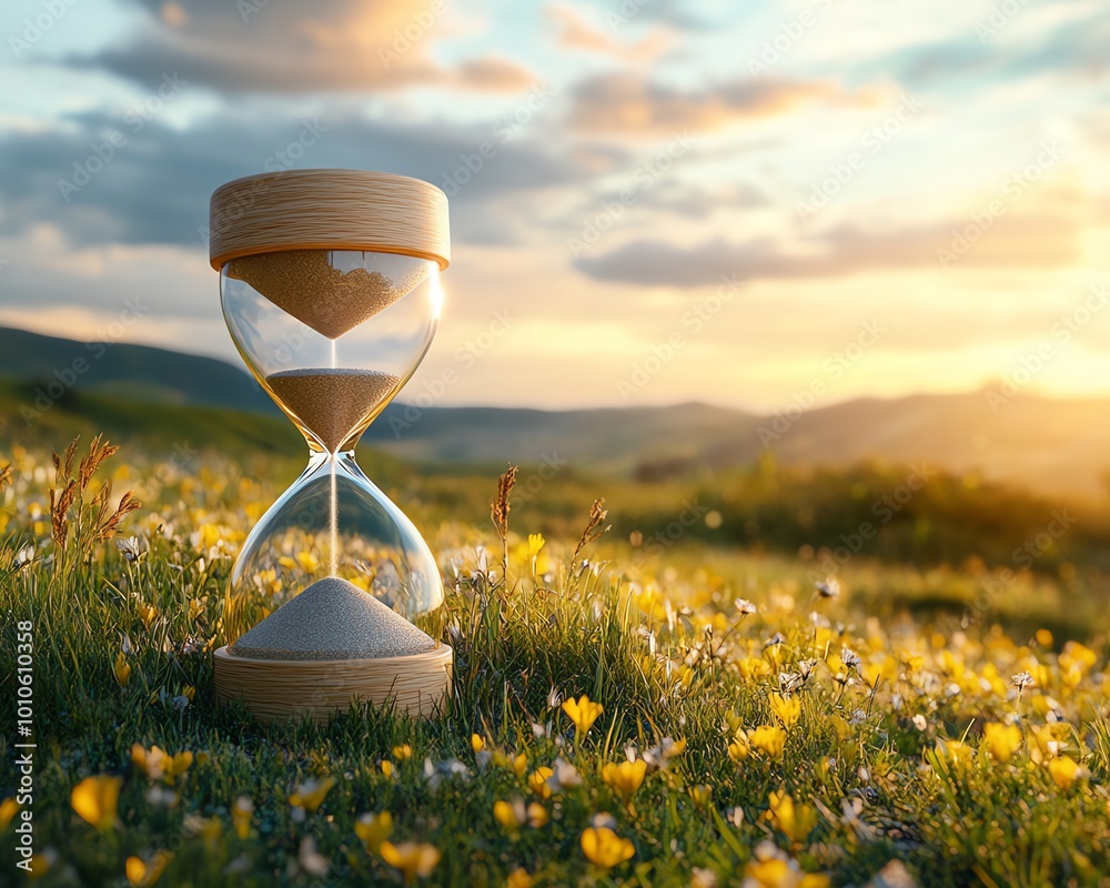 Poster calm field with an hourglass in the foreground, perfect for a slow life background with plenty of sp