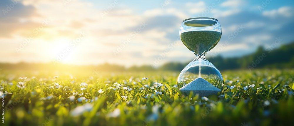 Aufkleber calm field backdrop with an hourglass, creating a slow life theme with ample copy space for inspirat