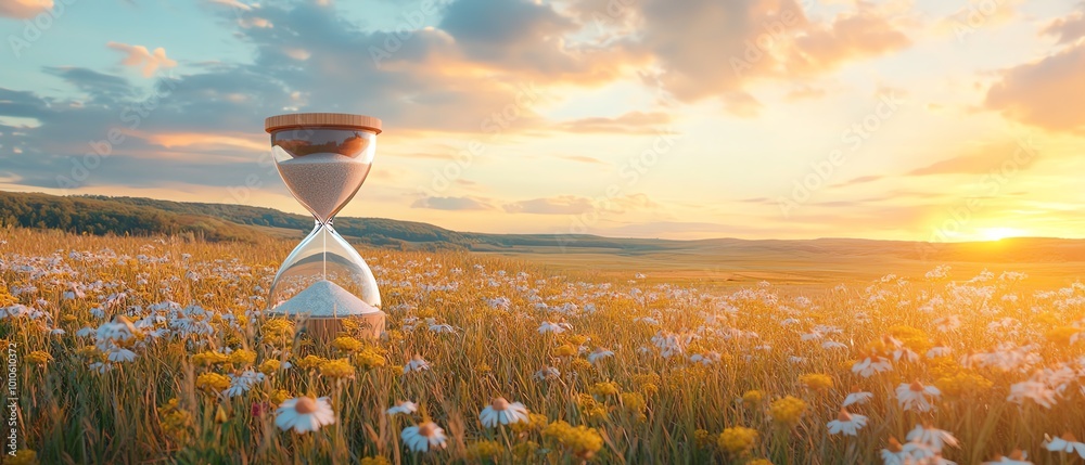 Poster Calm field backdrop with an hourglass, creating a slow life theme with ample copy space for inspirational messages