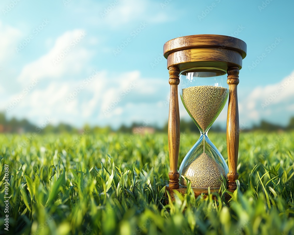 Poster Calm field with an hourglass in the foreground, perfect for a slow life background with plenty of space for customized text