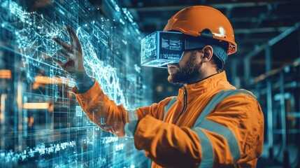 Construction Worker Using Virtual Reality Headset to Interact with Holographic Data