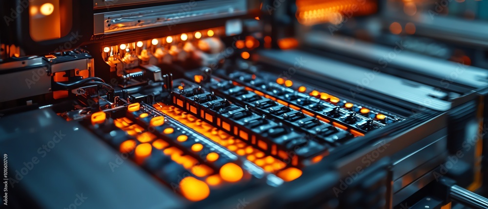 Poster Closeup view of electric vehicle battery cells in a hightech mass production assembly line, emphasizing precision and efficiency