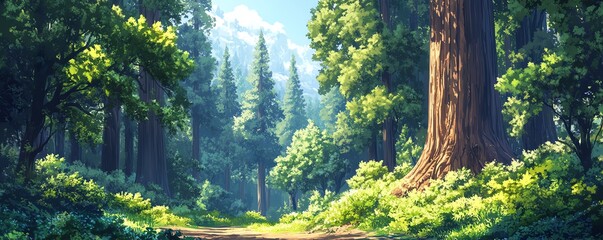 Obraz premium Detailed illustration of a sequoia tree forest background, emphasizing the towering height and lush greenery of the trees