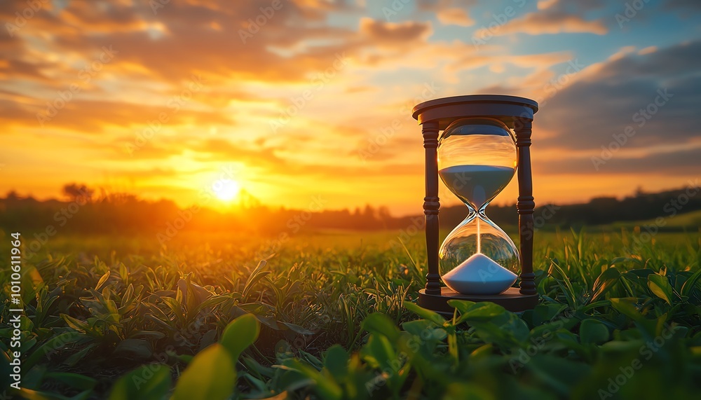 Aufkleber hourglass set against a serene field backdrop, emphasizing slow life with generous copy space for co