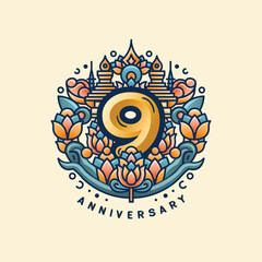 A 9th anniversary logo on a cream and brown pastel background, with a golden '9' surrounded by lotus flowers and Thai stupas. Soft orange, teal, and gold blend to reflect elegance and culture.