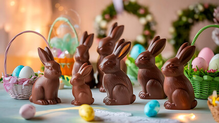 Charming chocolate bunnies and colorful Easter eggs creatively arranged with festive baskets
