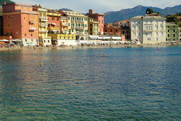 Bay of water. Silence Bay in Sestri Levante.Famous beach on the Ligurian sea with typical houses and boats. Italy