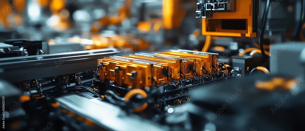 Poster intricate closeup of electric vehicle battery cell assembly, capturing the complexity and sophistica