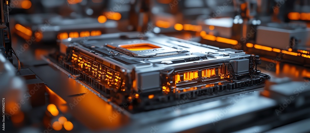 Poster intricate closeup of electric vehicle battery cell assembly, capturing the complexity and sophistica