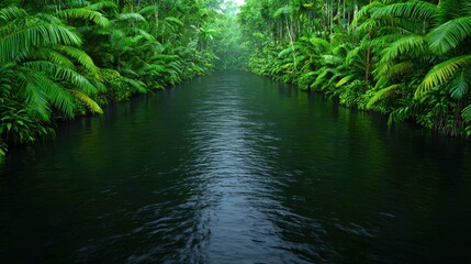 Obraz premium Lush Amazon Rainforest River with Dense Canopy and Misty Atmosphere