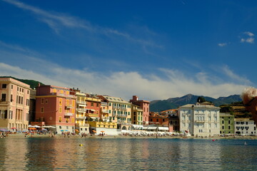 Bay of water. Silence Bay in Sestri Levante.Famous beach on the Ligurian sea with typical houses and boats. Italy