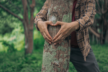 A male hand hugs a tree, symbolizing love for nature and the environment. This act represents the importance of trees in preventing global warming and restoring environmental balance, as seen