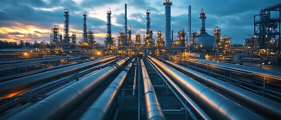 Oil and gas petrochemical industry refinery, with prominent steel pipelines, storage tanks, and industrial zone elements