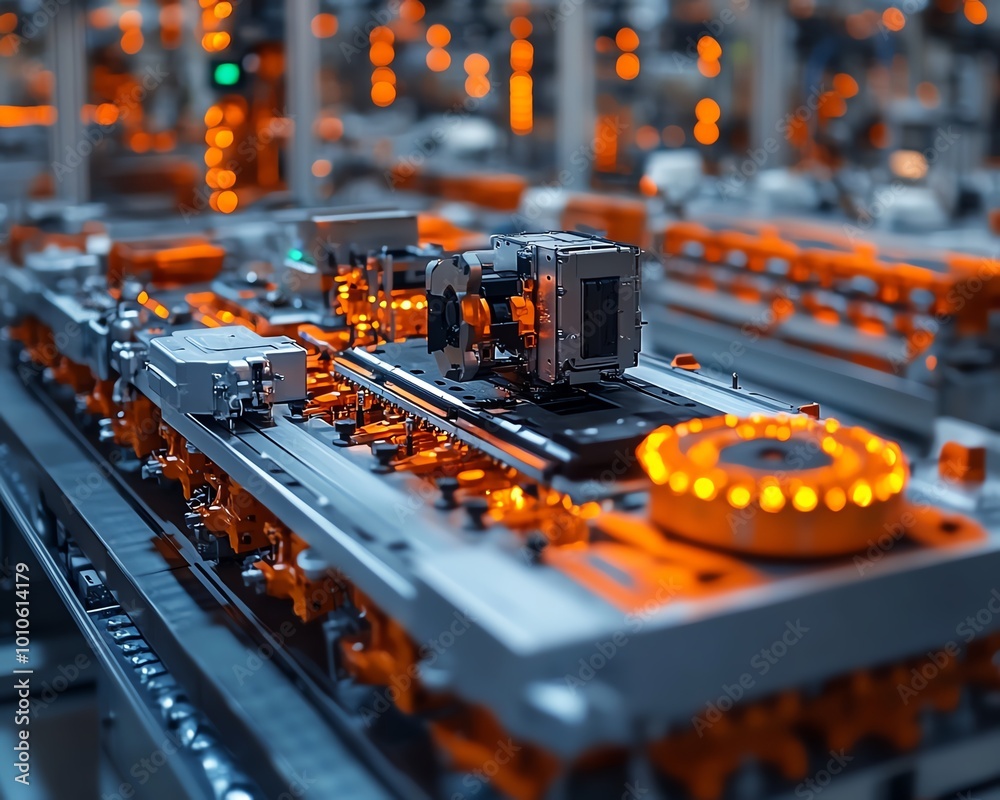 Poster precisionfocused closeup of mass production assembly line for electric vehicle battery cells, emphas