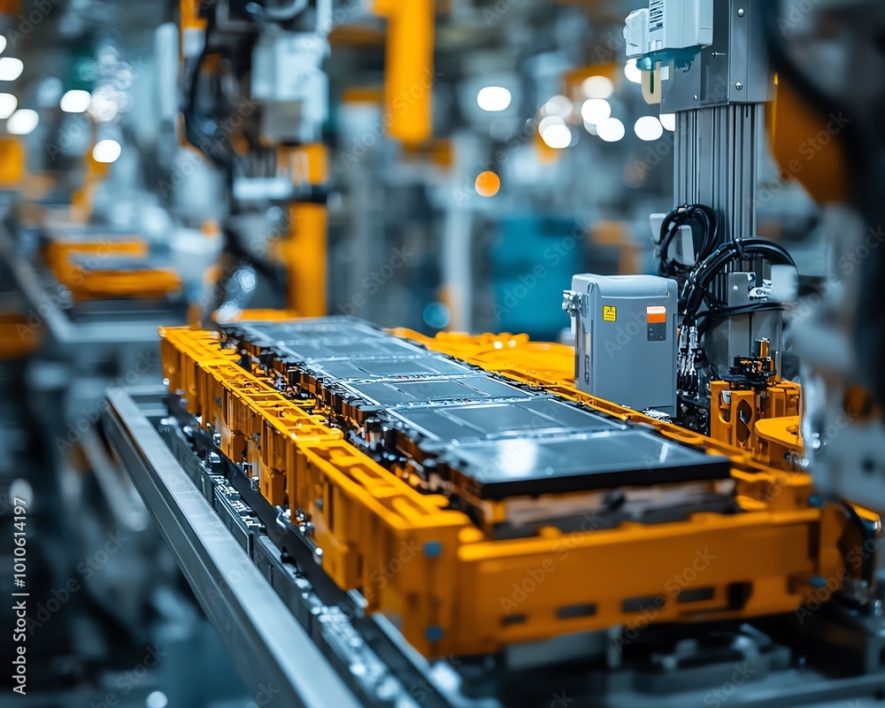 Poster precisionfocused closeup of mass production assembly line for electric vehicle battery cells, emphas