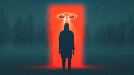 Fototapeta premium Glowing UFO Beam Illuminates Solitary Figure in Foggy Forest at Night