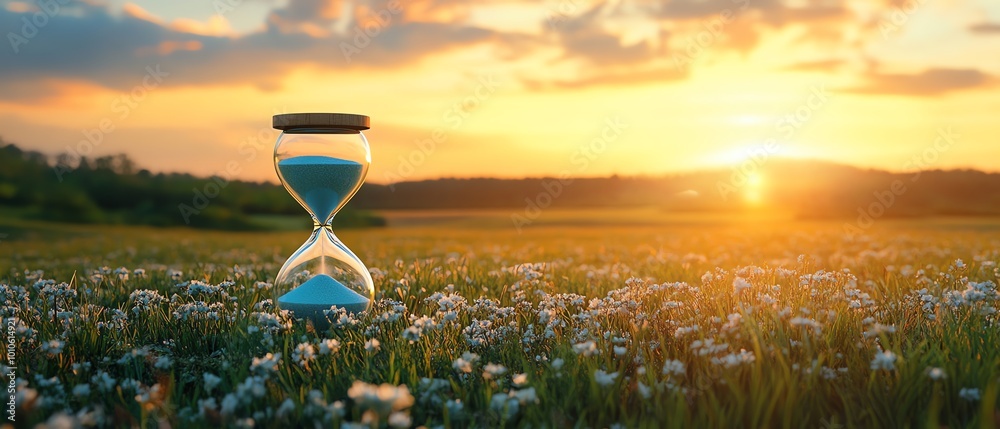 Poster slow life background with copy space, featuring a serene field and an hourglass symbolizing the pass