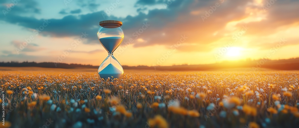 Poster Slow life background with copy space, featuring a serene field and an hourglass symbolizing the passage of time