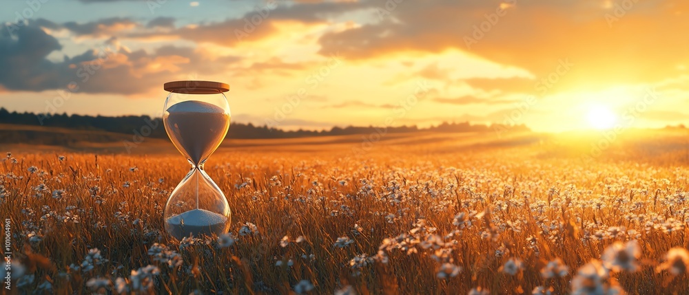 Poster slow life background with copy space, featuring a serene field and an hourglass symbolizing the pass