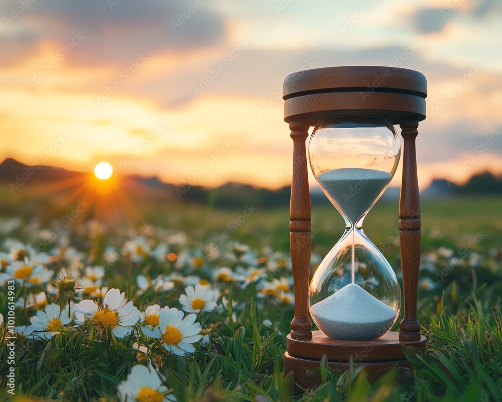 Aufkleber slow life theme background featuring a calm field and hourglass, with clear copy space for adding in