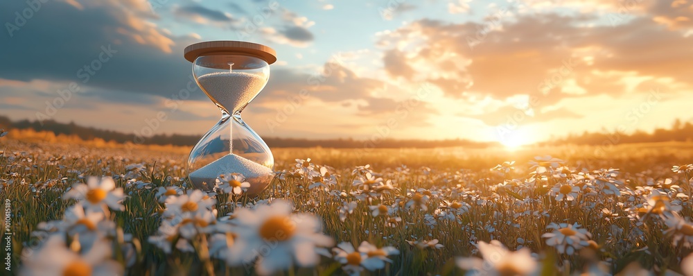 Aufkleber Tranquil field scene and hourglass, creating a slow life background with ample copy space for reflections on time and peace
