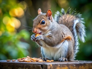 Grey Squirrel Eating Nuts and Seeds on Bird Feeding Table - Close Up of Sciurus Carolinensis Holding Peanut