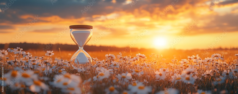Poster Tranquil field scene and hourglass, creating a slow life background with ample copy space for reflections on time and peace