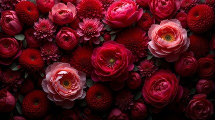 Naklejka premium Dense Floral Arrangement of Red and Burgundy Shades Color Flowers