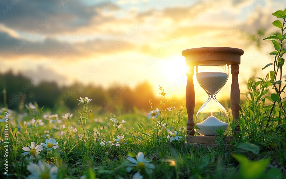 Poster Background depicting slow life with a tranquil field and hourglass, offering copy space for thoughtful or calming messages