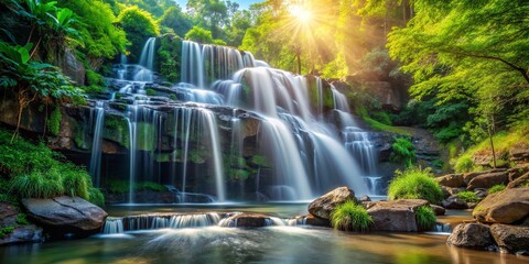 Fototapeta premium Cascading Waterfalls in a Sun-Drenched Forest, a Natural Tapestry of Beauty