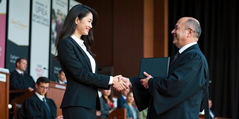 Asian Female Graduate Receives Diploma During Formal University Graduation Event