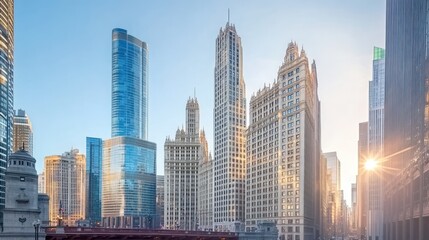 A view of Chicago's skyline on a sunny day with multiple skyscrapers and a bridge in the foreground.