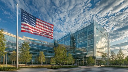 Fototapeta premium Modern glass office building with an American flag waving in front.